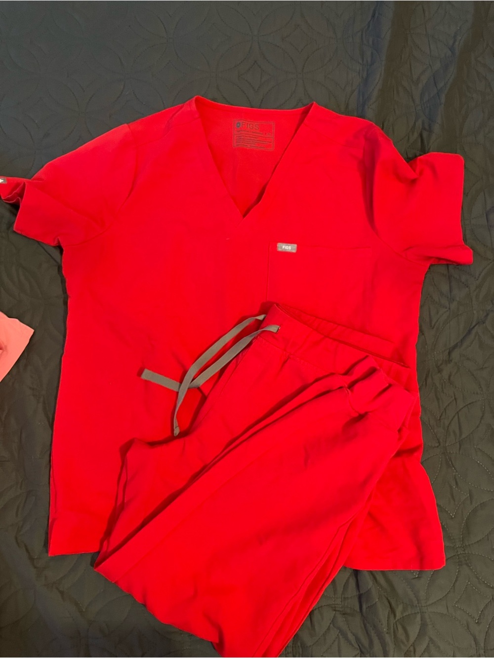 Figs Red V-Neck Scrub Top and Drawstring Pants
